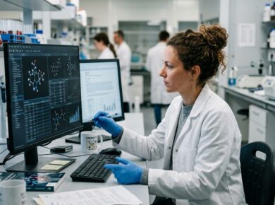 Toxicologista analisando dados de substâncias químicas em monitor — bases de dados toxicológicos para classificação