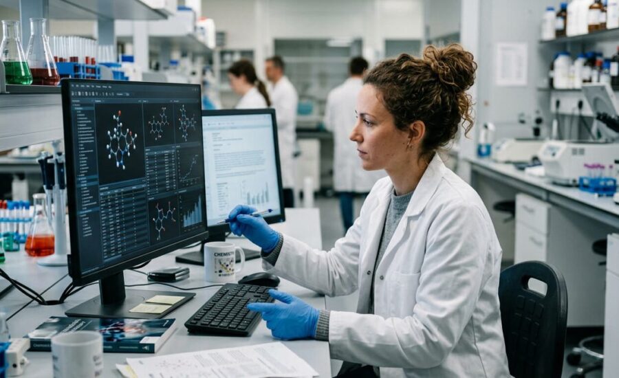 Toxicologista analisando dados de substâncias químicas em monitor — bases de dados toxicológicos para classificação