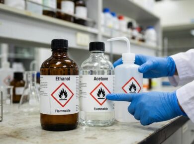 Recipientes químicos com pictogramas de perigo GHS em laboratório — classificação de perigos da ABNT NBR 14725:2023