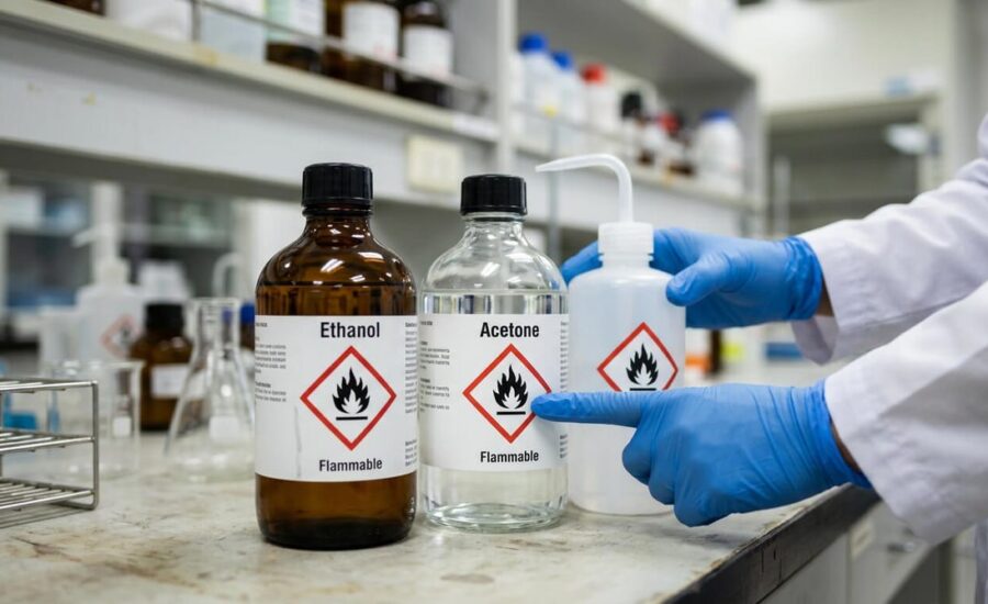 Recipientes químicos com pictogramas de perigo GHS em laboratório — classificação de perigos da ABNT NBR 14725:2023