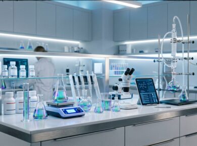 Bancada de laboratório com frascos e reagentes — Seção 10 da FDS (estabilidade e reatividade)