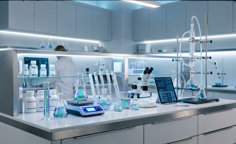 Bancada de laboratório com frascos e reagentes — Seção 10 da FDS (estabilidade e reatividade)