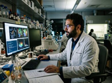 Cientista analisando dados toxicológicos em monitor — Seção 11 da FDS (informações toxicológicas)