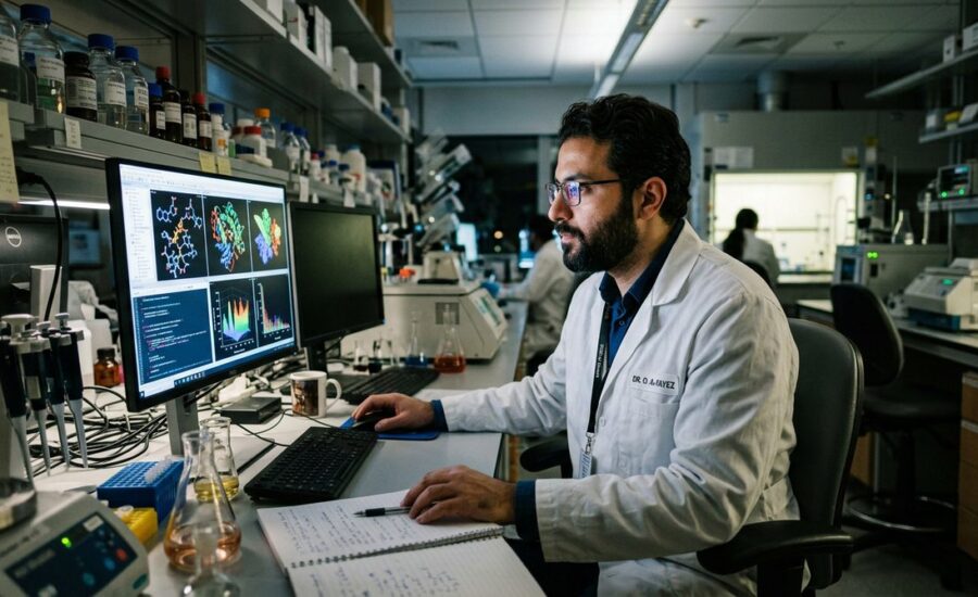 Cientista analisando dados toxicológicos em monitor — Seção 11 da FDS (informações toxicológicas)