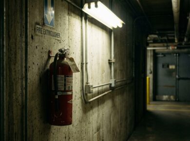 Extintor de incêndio em instalação química industrial — Seção 5 da FDS (medidas de combate a incêndio)