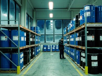 Armazém de produtos químicos com tambores segregados e identificados — Seção 7 da FDS (manuseio e armazenamento)