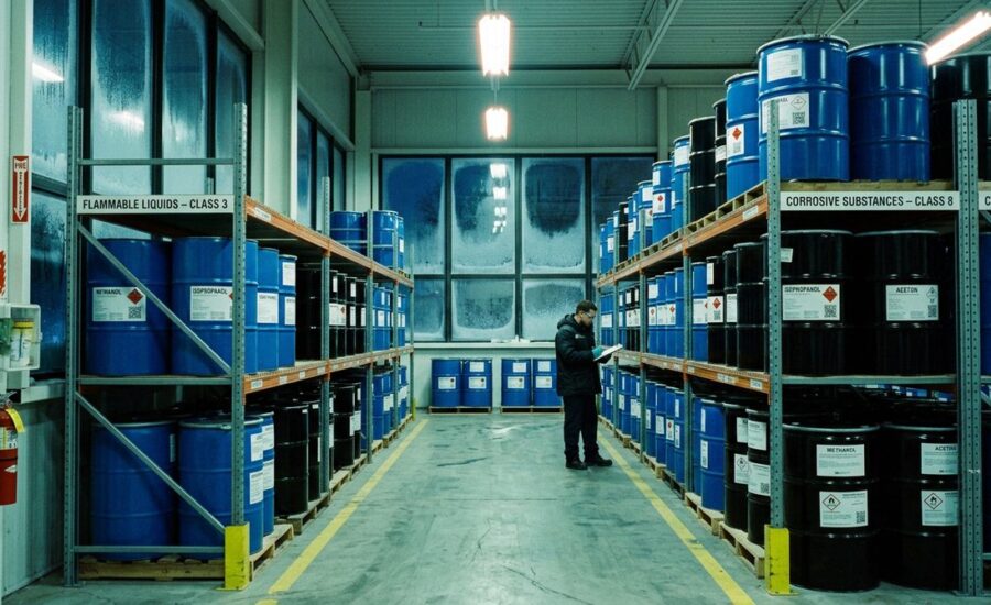 Armazém de produtos químicos com tambores segregados e identificados — Seção 7 da FDS (manuseio e armazenamento)