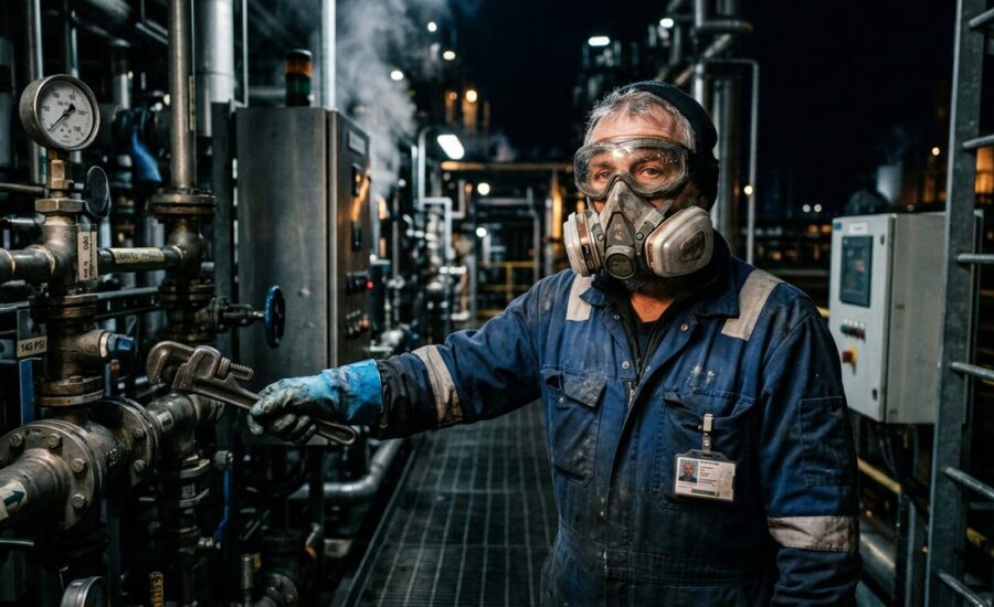 Trabalhador usando respirador, óculos e luvas de proteção — Seção 8 da FDS (controle de exposição e EPIs)