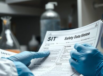 Profissional com luvas lendo uma Ficha de Dados de Segurança — como ler e interpretar a FDS
