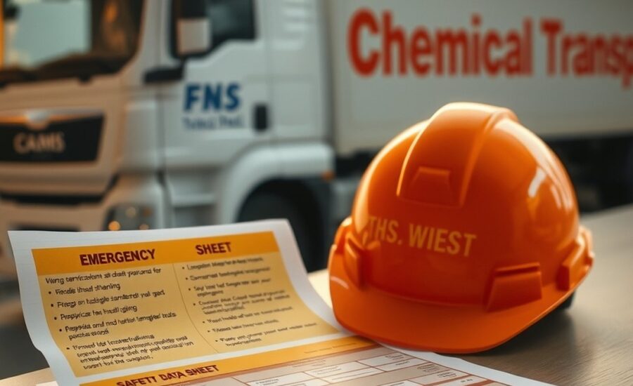 Ficha de emergência, capacete e FDS sobre a mesa com caminhão ao fundo — FDS x Ficha de Emergência