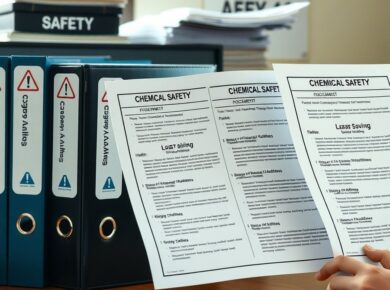 Pastas e documentos de segurança química lado a lado — diferenças entre FDS, FISPQ, FDSR, SDS e MSDS