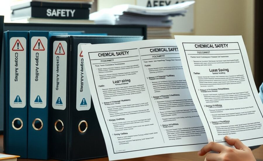 Pastas e documentos de segurança química lado a lado — diferenças entre FDS, FISPQ, FDSR, SDS e MSDS