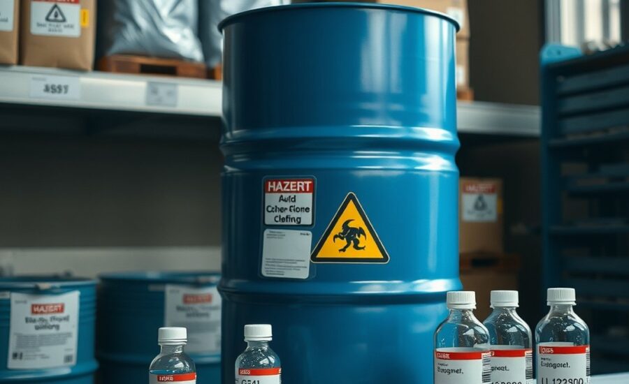 Tambor de produto químico com rótulo de perigo GHS e frascos em prateleira industrial — obrigatoriedade da FDS (ABNT NBR 14725)
