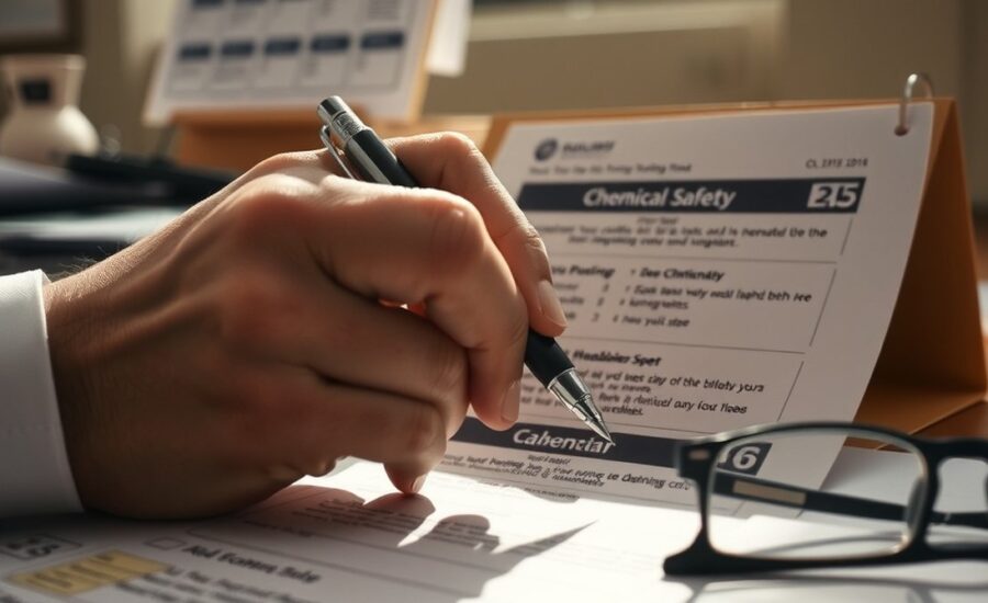 Mão revisando e datando um documento de segurança química com calendário ao lado — validade da FDS